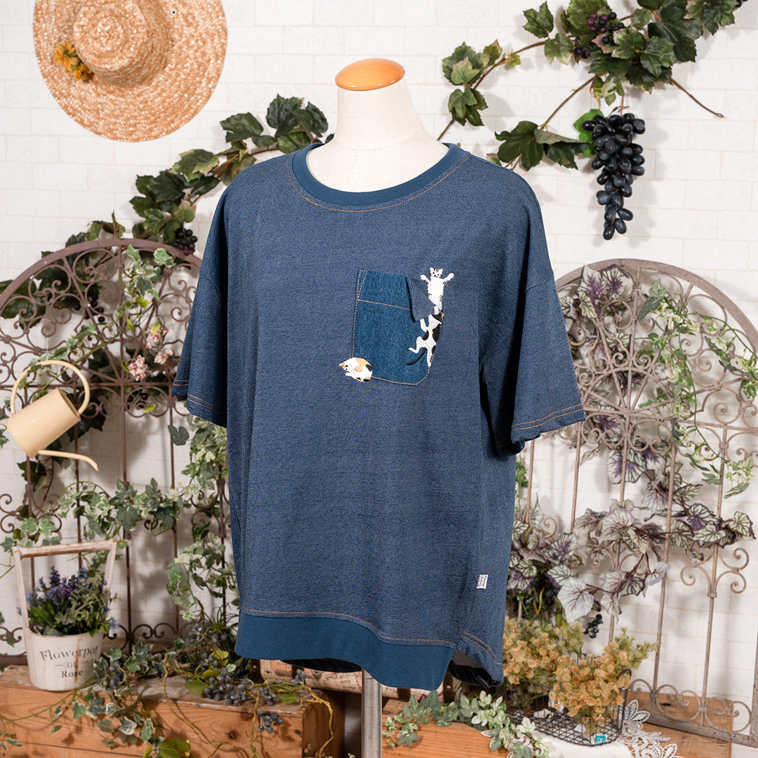 デニム風金魚ネコ刺繍六分袖Tシャツ