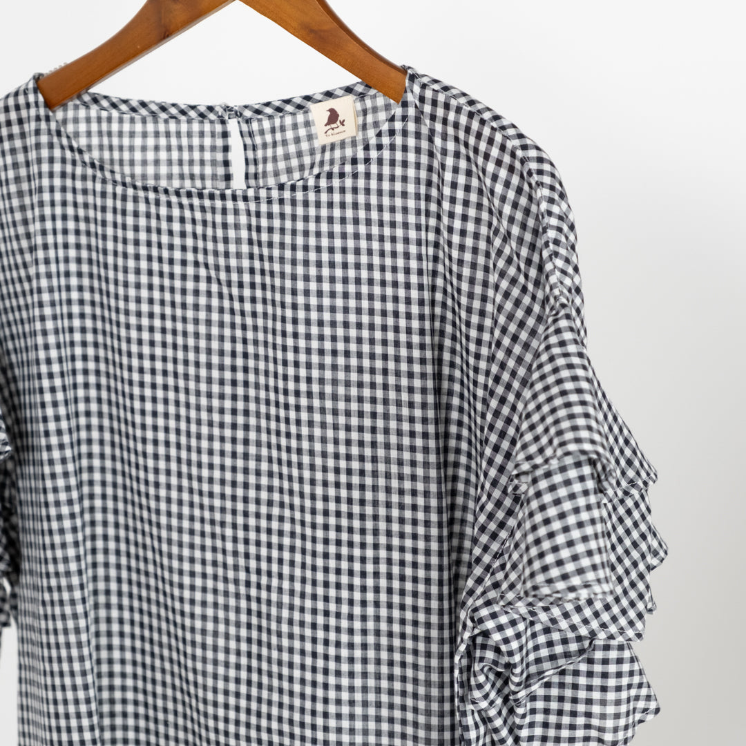 ギンガムチェック袖フリルブラウス (10032041459844)