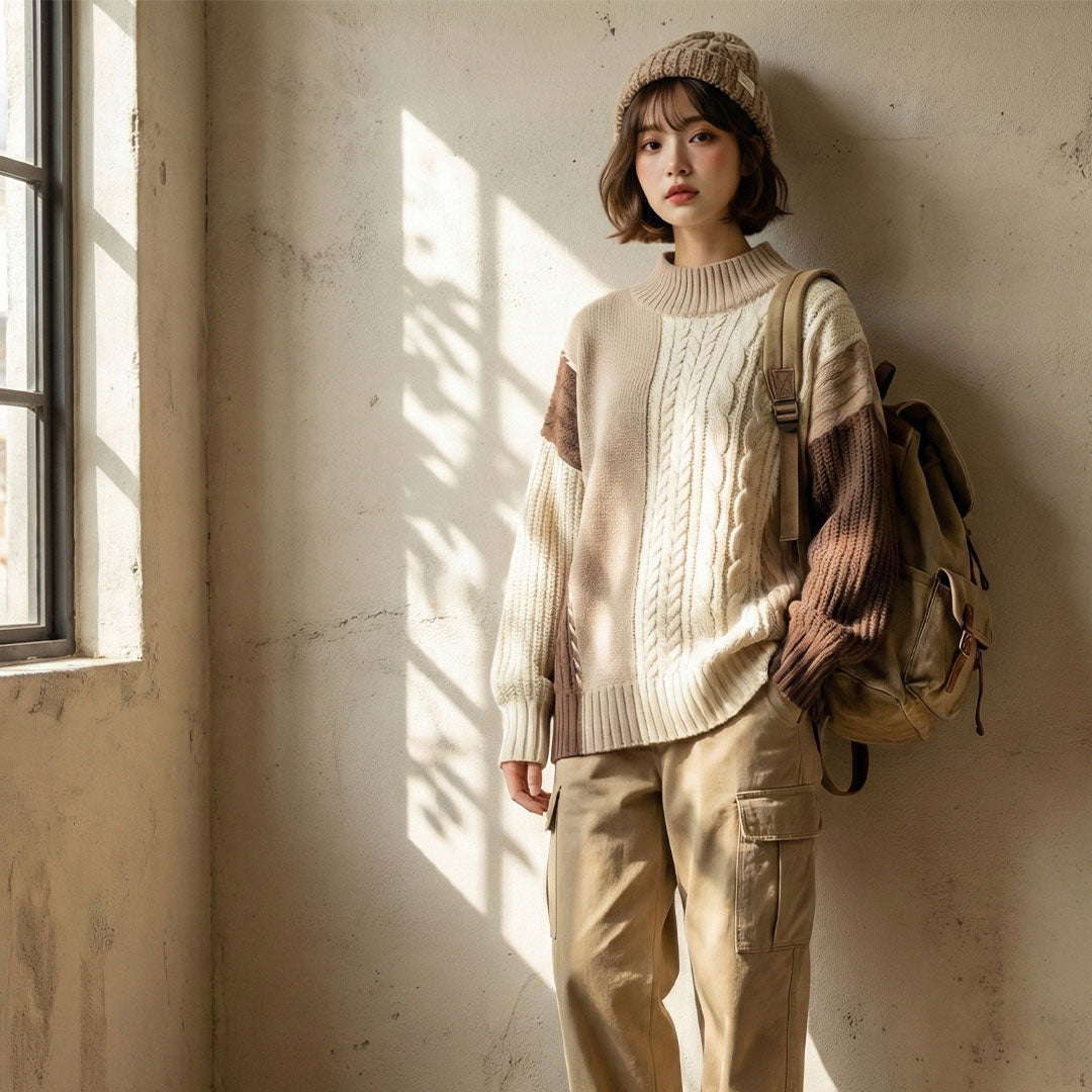 ケーブル切替ハンドステッチプルオーバーニット