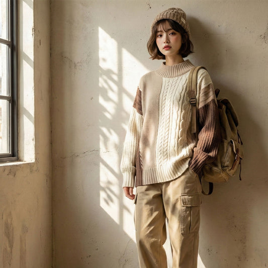 ケーブル切替ハンドステッチプルオーバーニット