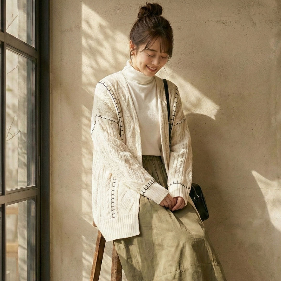 配色ブランケットケーブルカーディガン