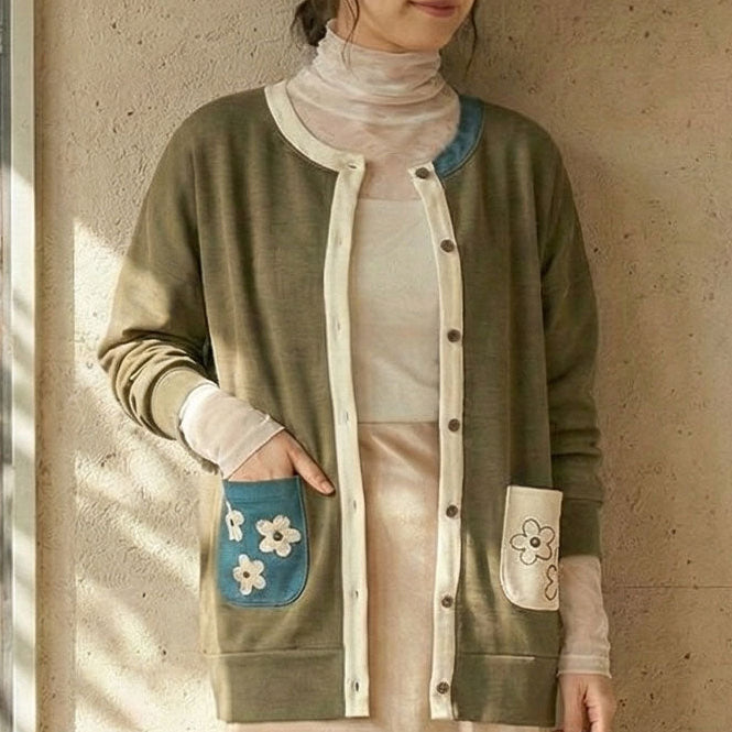 アップリケ刺しゅう配色切替クルーネック