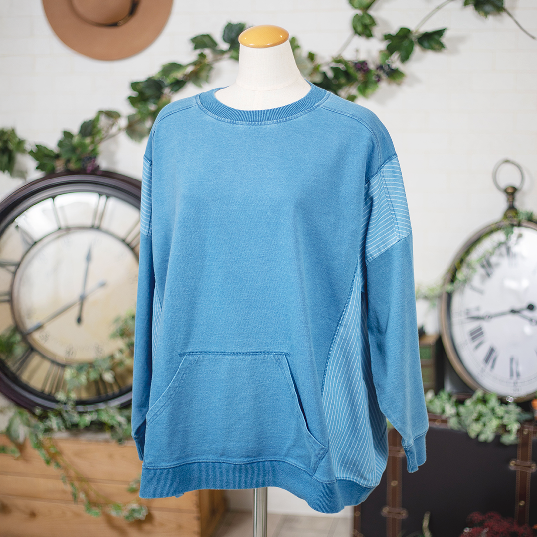 インディゴサイド裏毛切替プルオーバー