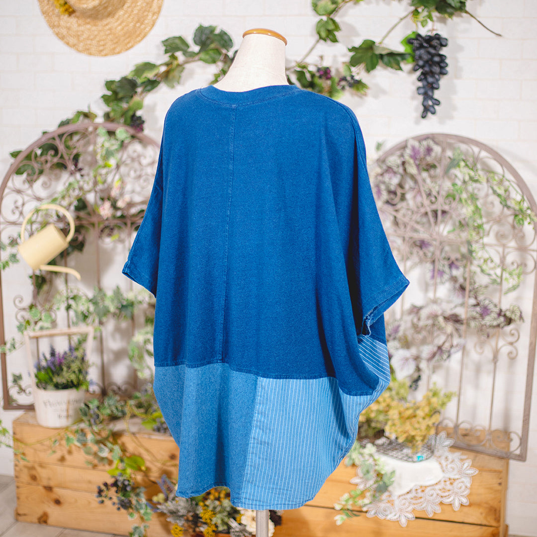 まぁたん④夏3Lブルーグリーン∞カットワークレース切替半袖Tシャツ