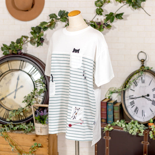 ボーダー切り替えポケ猫チュニック