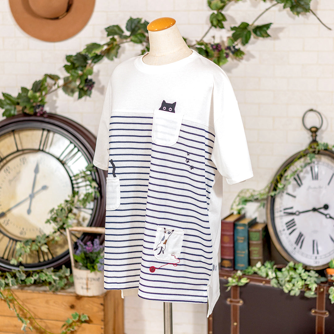 ボーダー切り替えポケ猫チュニック