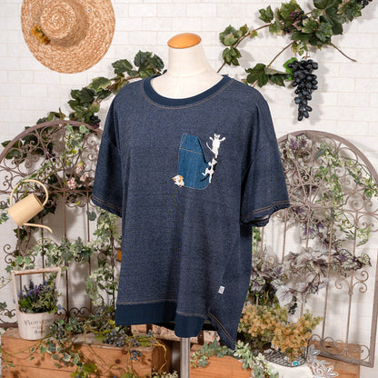 ﾃﾞﾆﾑ風金魚ネコ刺繍六分袖Ｔシャツ