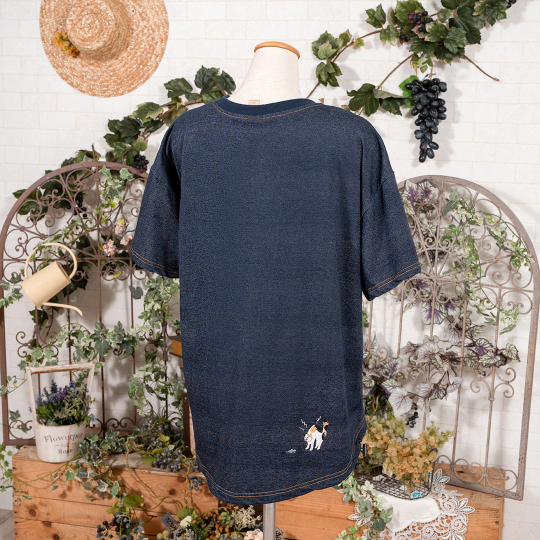 ﾃﾞﾆﾑ風金魚ネコ刺繍六分袖Ｔシャツ