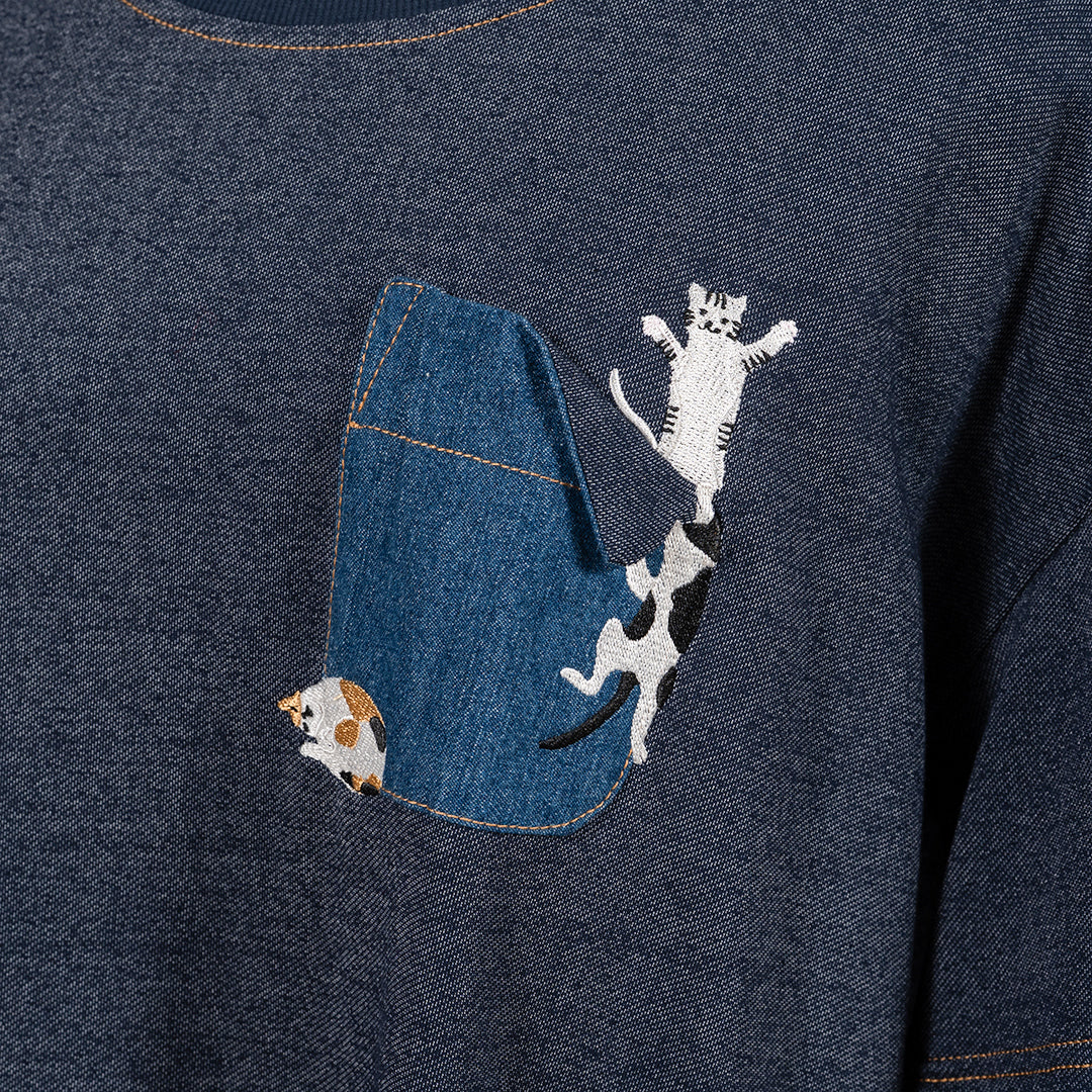 ﾃﾞﾆﾑ風金魚ネコ刺繍六分袖Tシャツ – to blossom