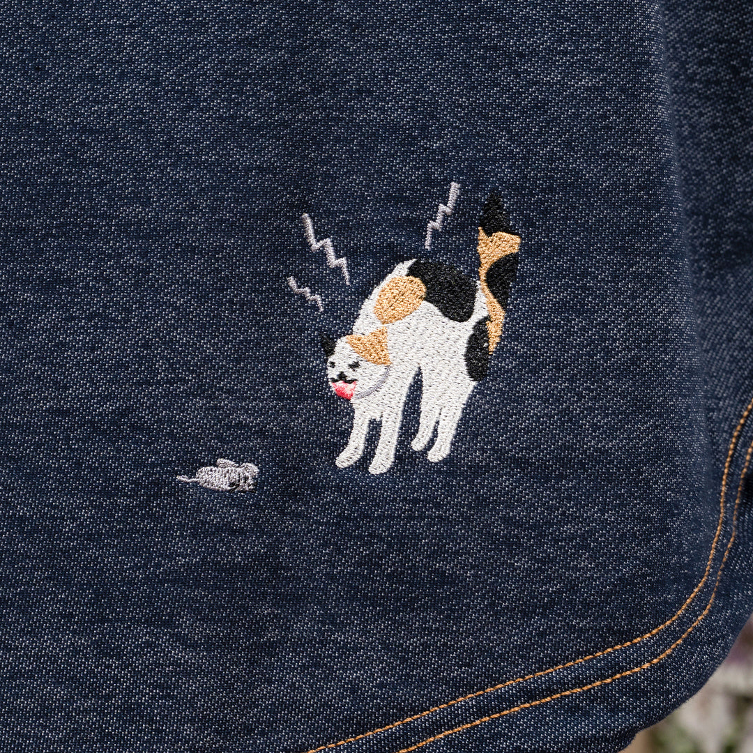 ﾃﾞﾆﾑ風金魚ネコ刺繍六分袖Ｔシャツ