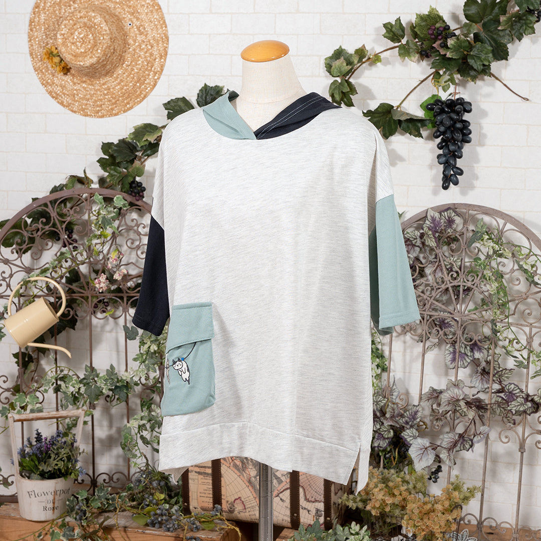 cat刺繍配色6分フーディープルオーバー