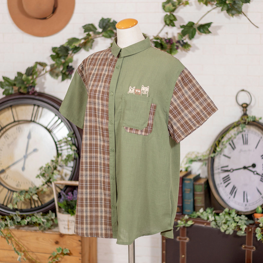 TC無地×柄のわんちゃん刺繍シャツ