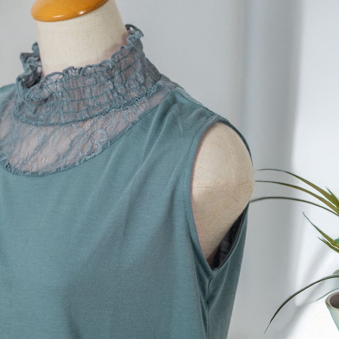 レース切替ギャザーノースリーブタンクトップ (10078382817412)