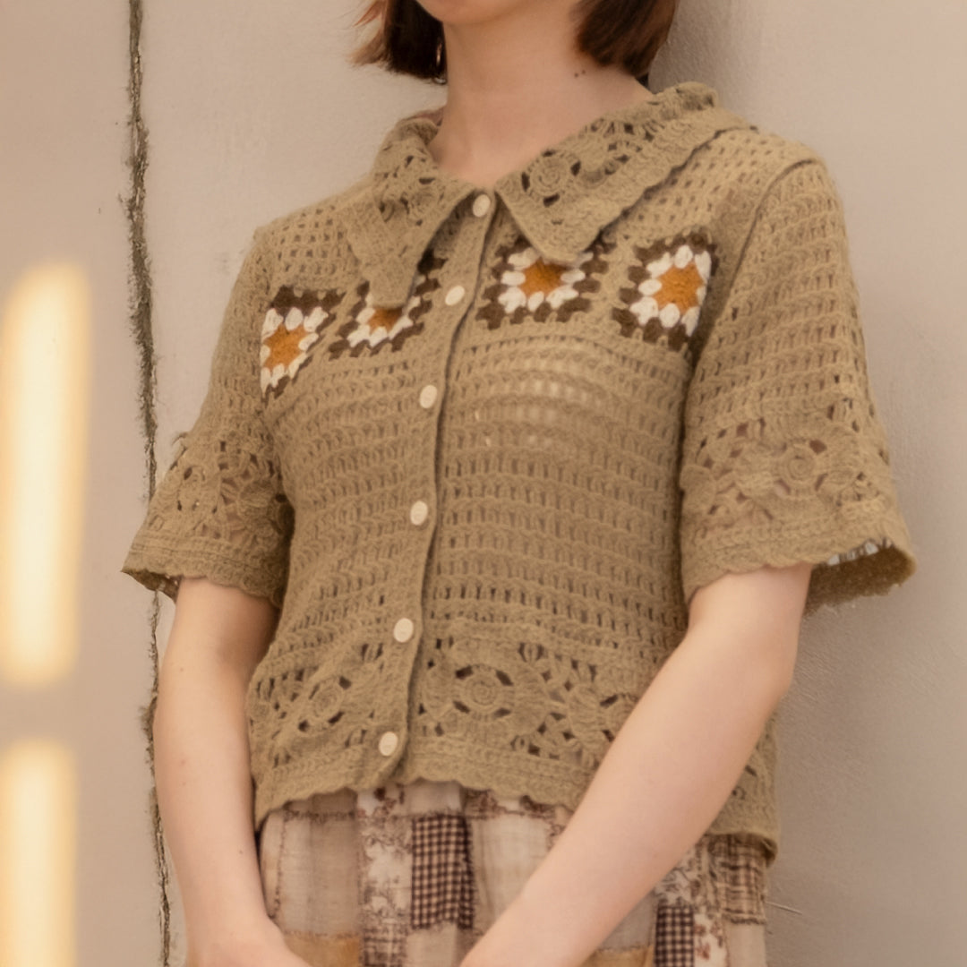 クロシェフラワーレース襟カーディガン (10075203469444)