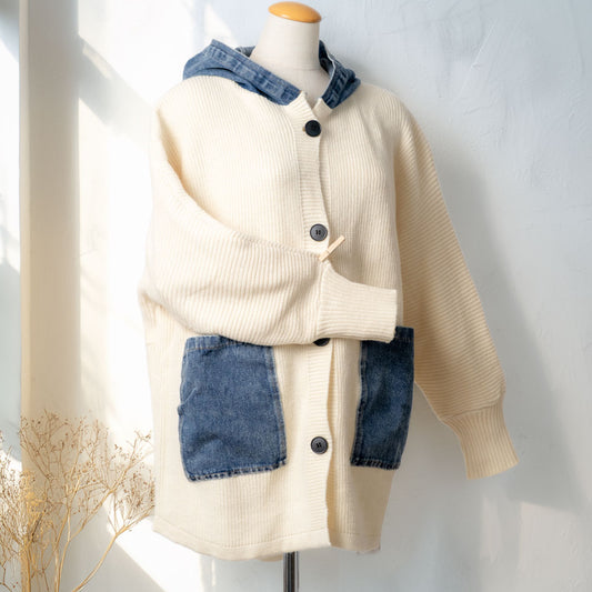 デニムパッチのざっくりカーディガン