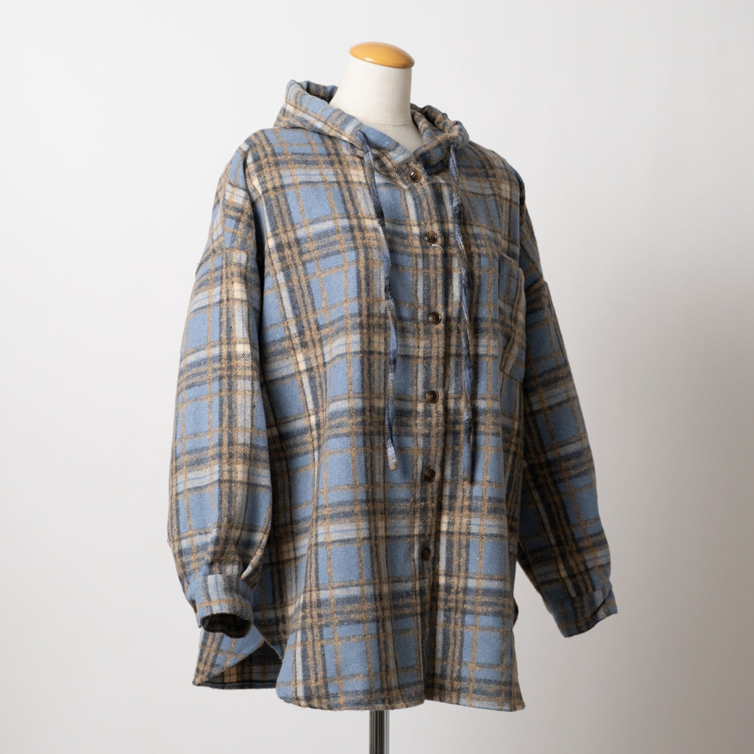 シャギーチェックフーディシャツ