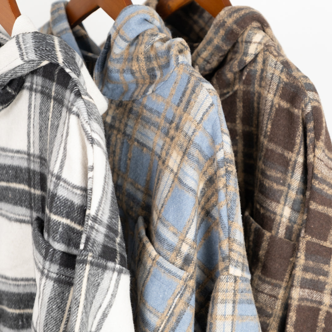 シャギーチェックフーディシャツ