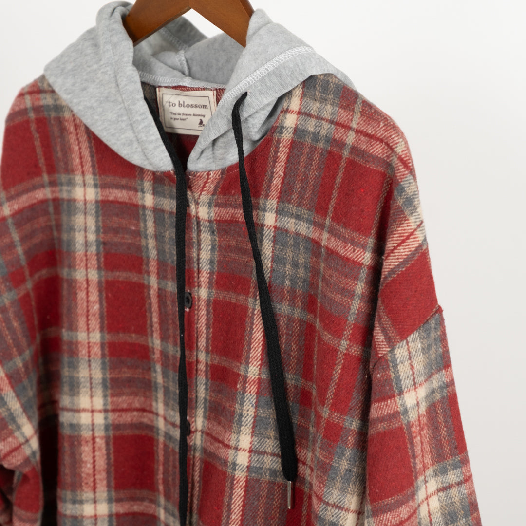 レトロチェックのフードシャツ