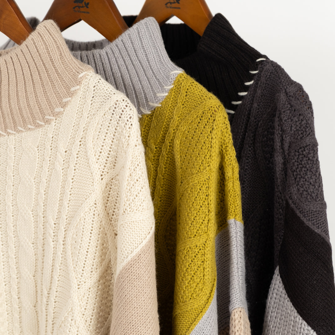 ケーブル切替ハンドステッチプルオーバーニット