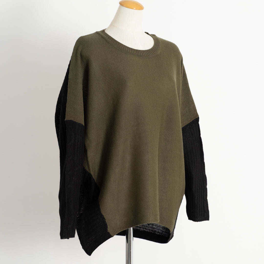 袖ケーブル配色ニットプルオーバー