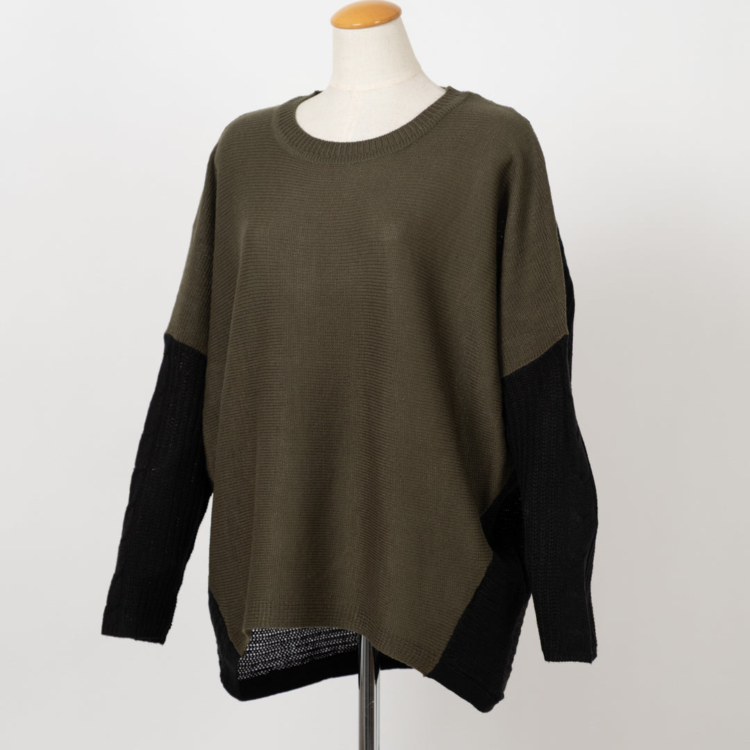 袖ケーブル配色ニットプルオーバー