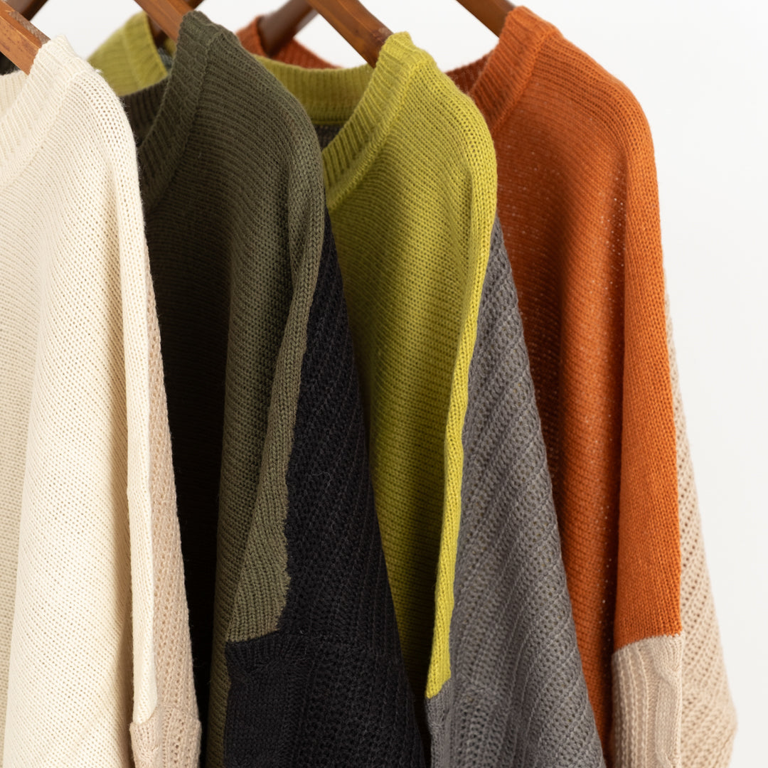 袖ケーブル配色ニットプルオーバー