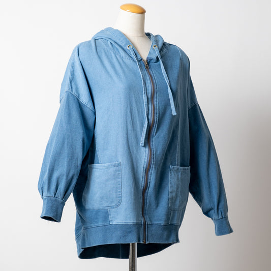 インディゴ裏毛布帛切替えZIPパーカー