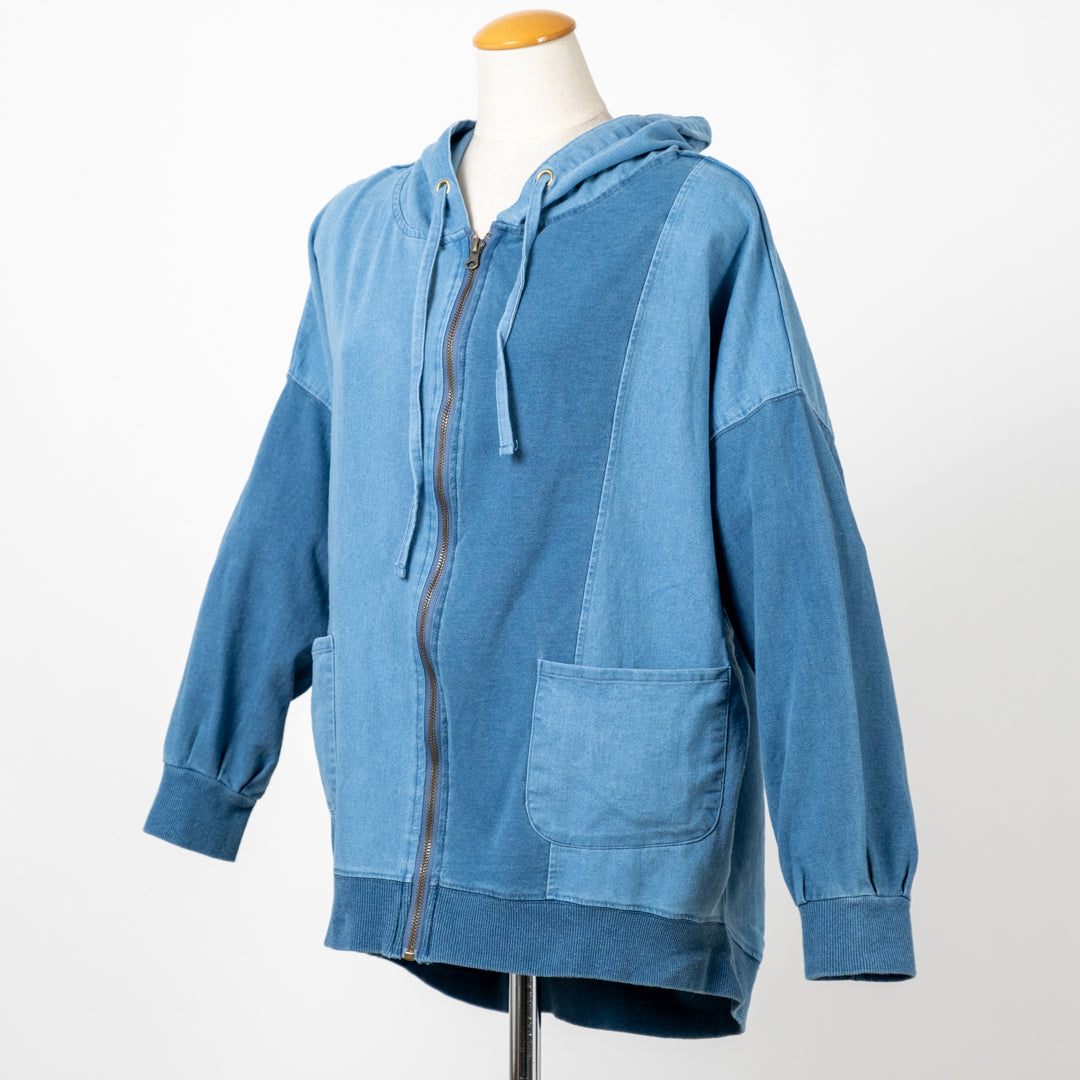 インディゴ裏毛布帛切替えZIPパーカー