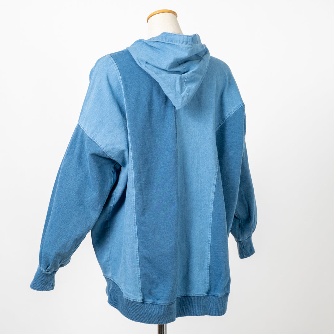 インディゴ裏毛布帛切替えZIPパーカー
