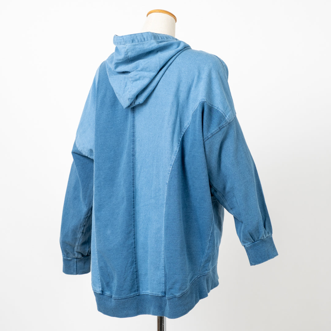 インディゴ裏毛布帛切替えZIPパーカー