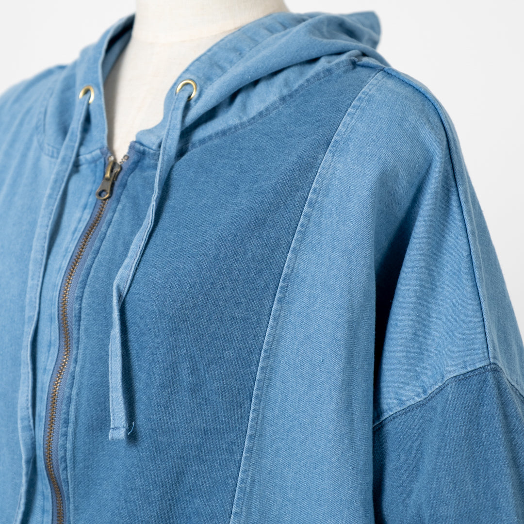 インディゴ裏毛布帛切替えZIPパーカー