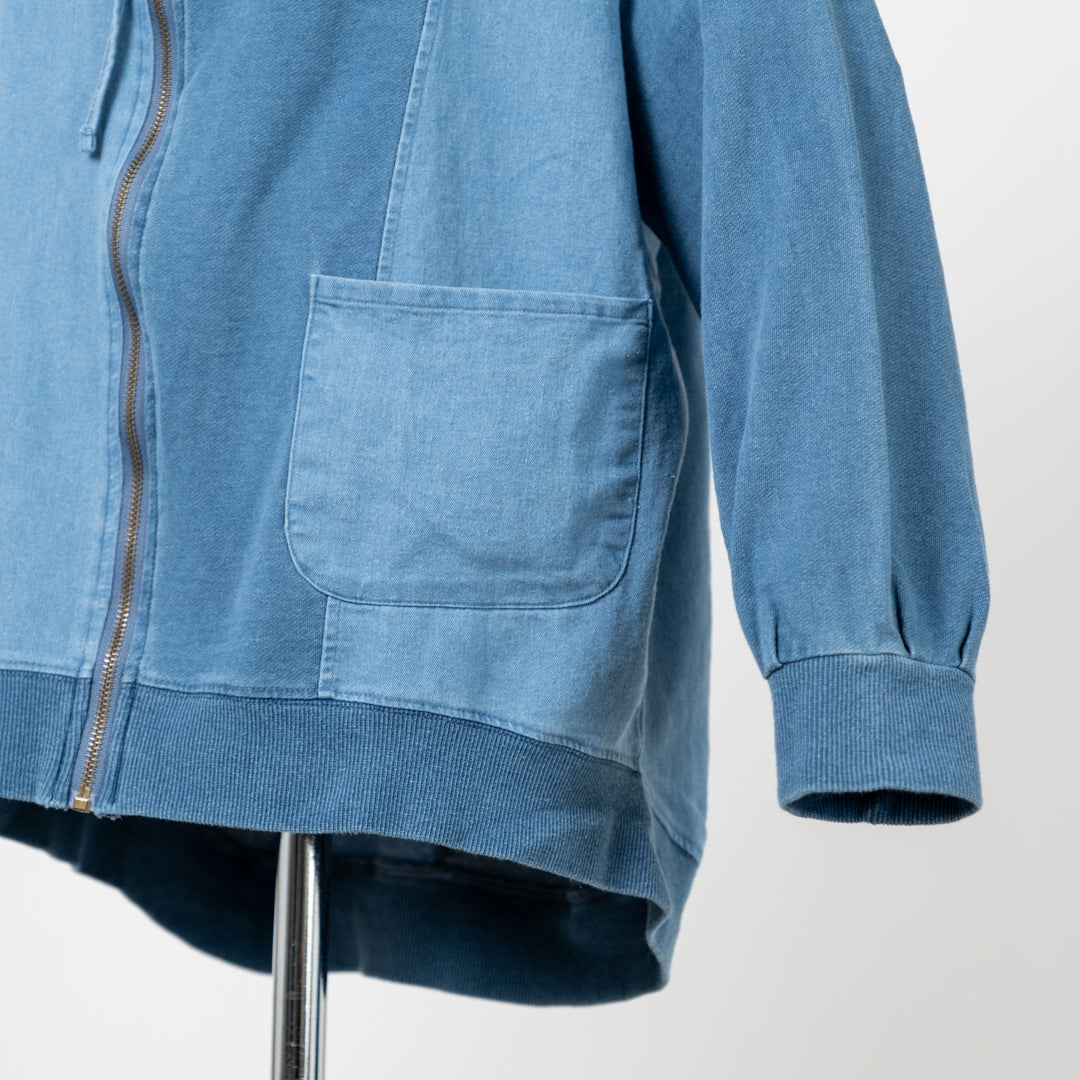 インディゴ裏毛布帛切替えZIPパーカー