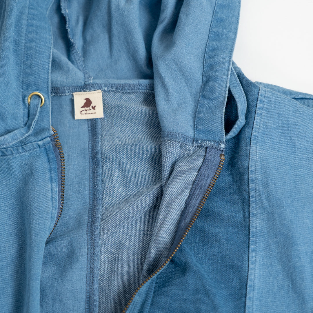 インディゴ裏毛布帛切替えZIPパーカー