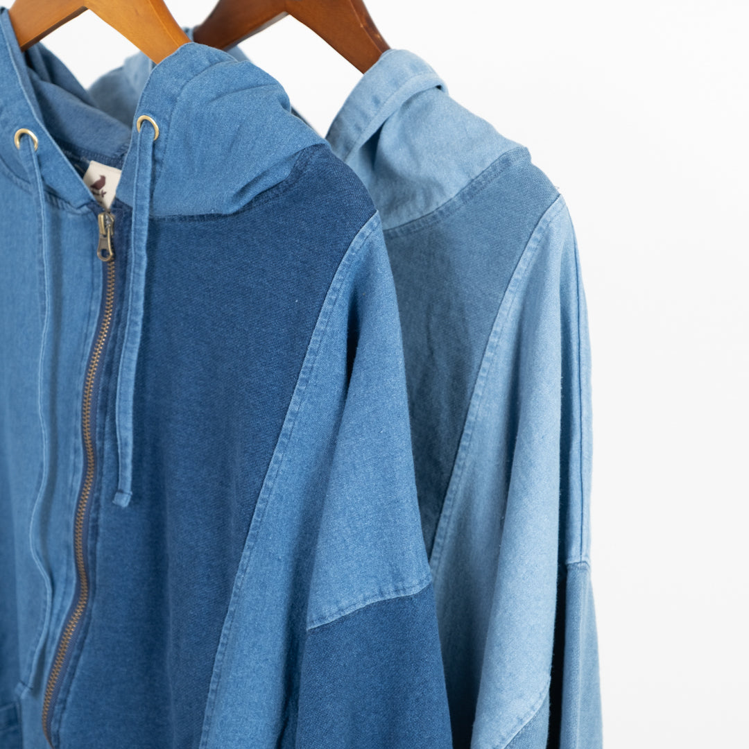 インディゴ裏毛布帛切替えZIPパーカー