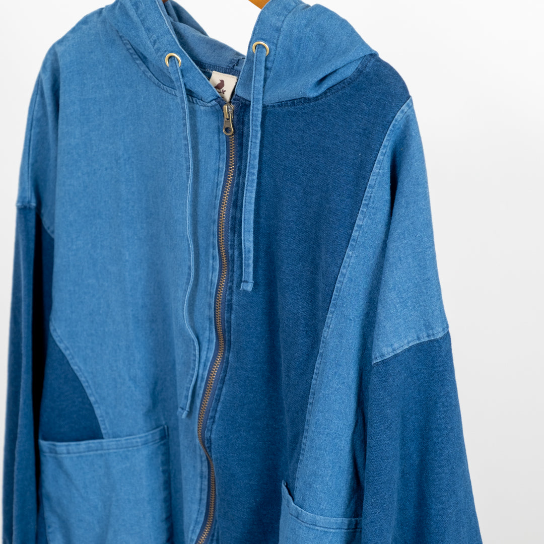 インディゴ裏毛布帛切替えZIPパーカー