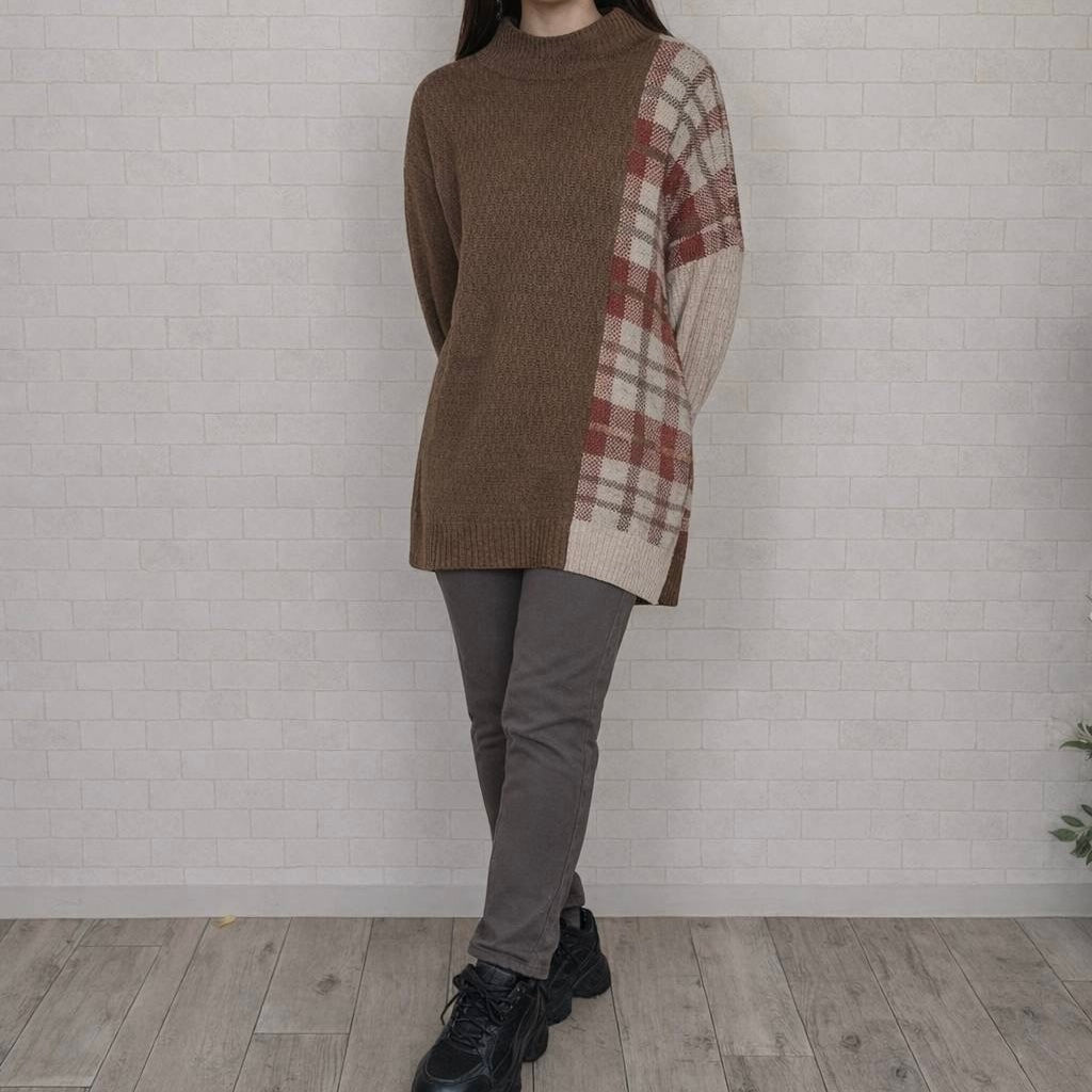 ボトルネック配色チェックチュニック