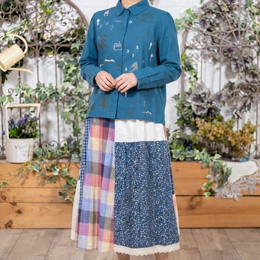 森の探索刺繍長袖ブラウス