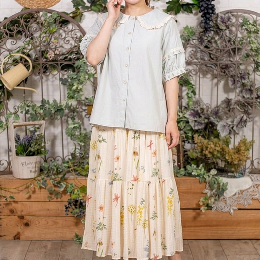 お花刺繍のスカラップ半袖ブラウス