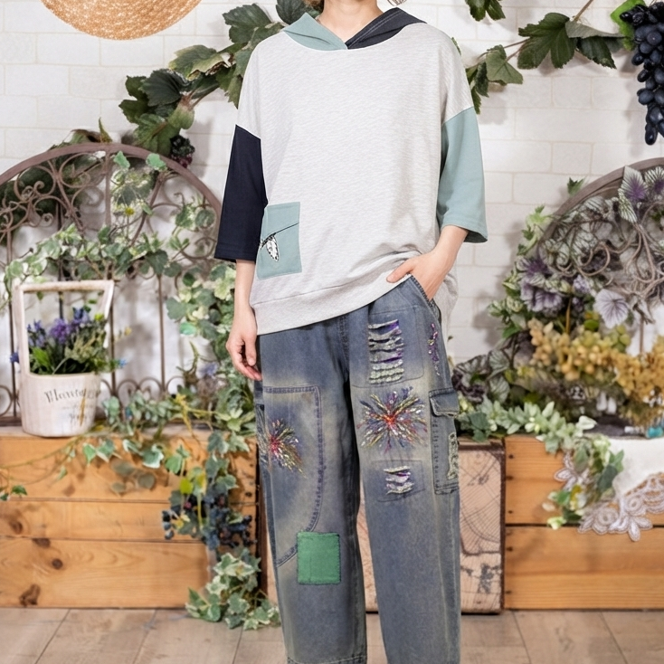 cat刺繍配色6分フーディープルオーバー