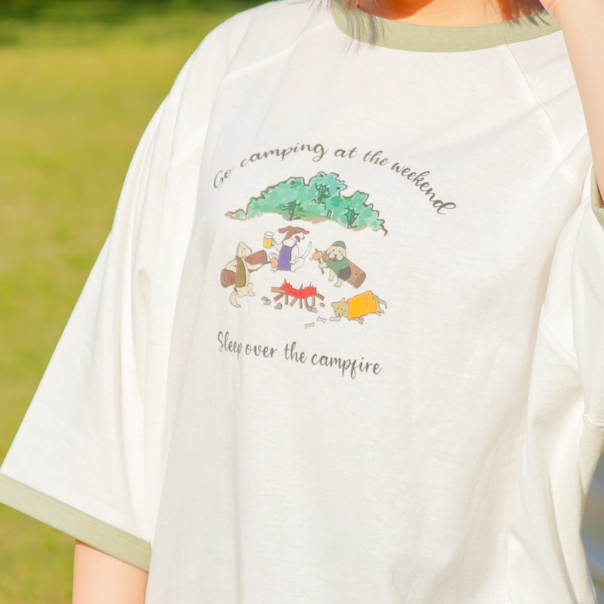 キャンプドッグ柄リンガーTシャツ - to blossom (7262756733060)